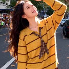 内搭毛衣女黄色加厚针织衫上衣春美拉德穿搭polo领毛线衣配丝巾