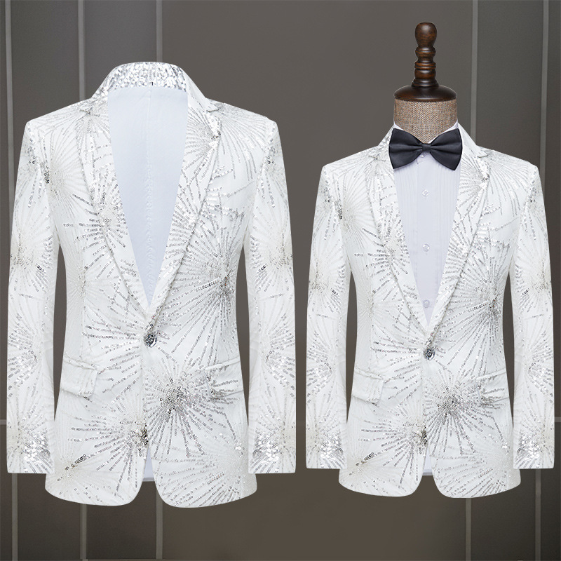 Men's jazz dance coats white sequins host singers band concert show performance blazers male adult sequins dance wedding party groomsman dress suit