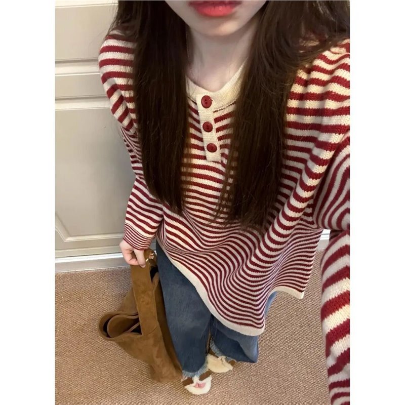 蕾朵撞色条纹长袖针织衫上衣女新款秋季慵懒休闲套头毛衣内搭|undefined