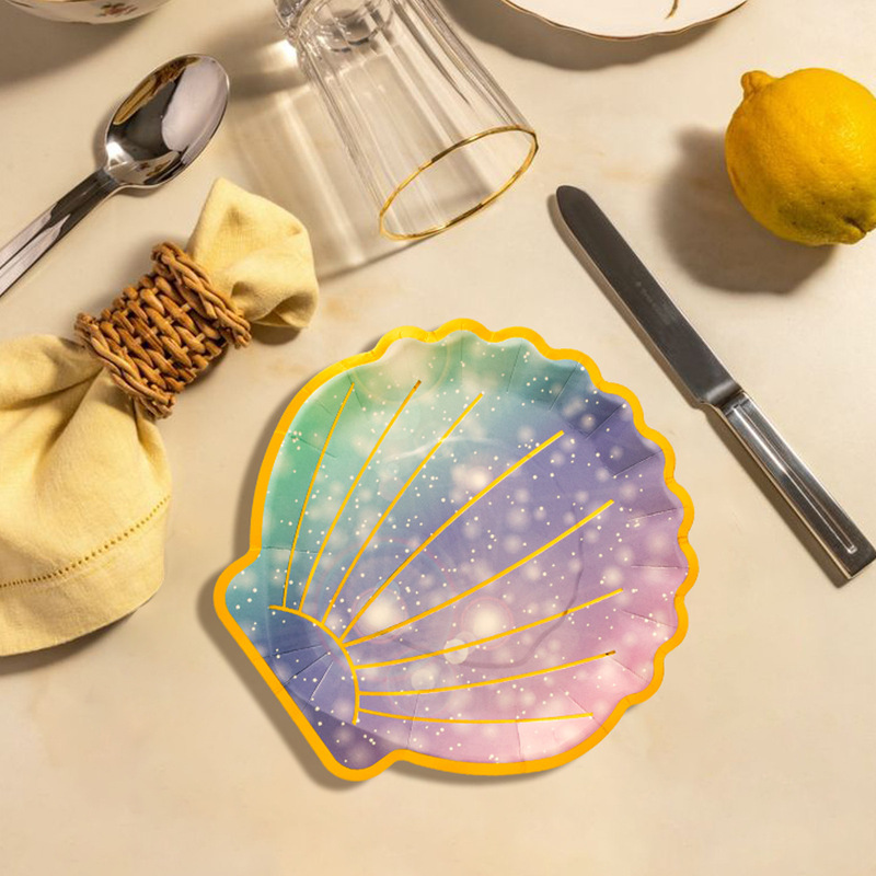 Shell Paper Plates for Party Birthday, High Aesthetic Appeal, Dazzling Laser Gradient Color, Disposable Tableware, Table Decoration Paper Plates