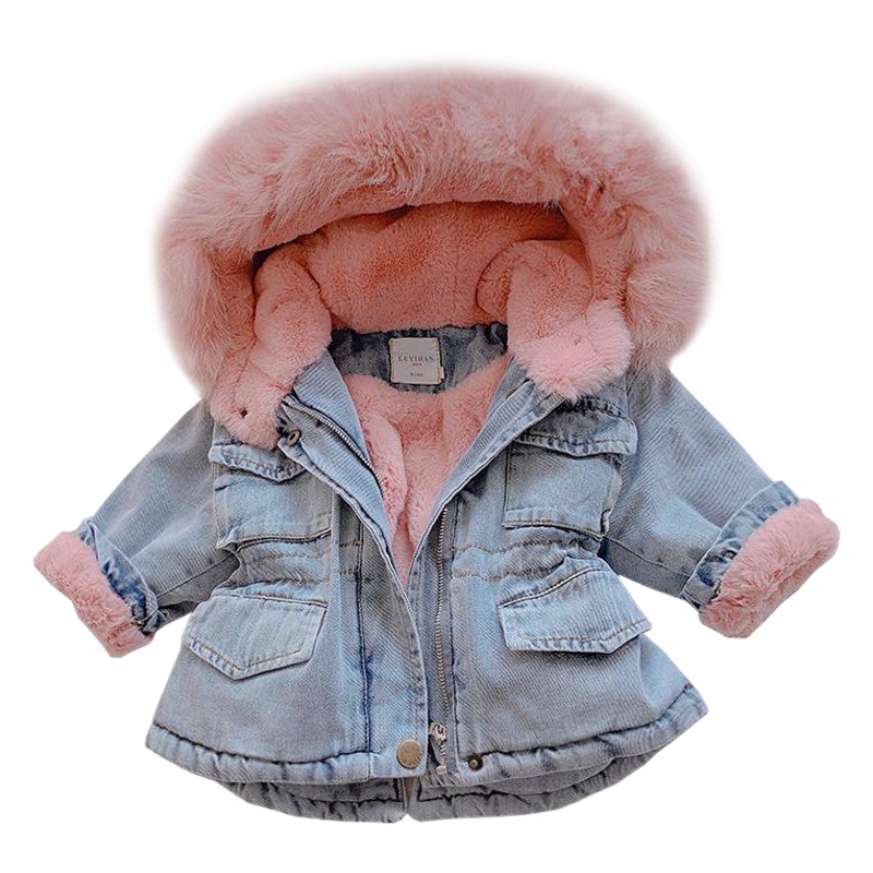 Girls' Denim coat autumn and winter fleece-lined thickened baby windbreaker children's hooded fur collar warm parka clothes