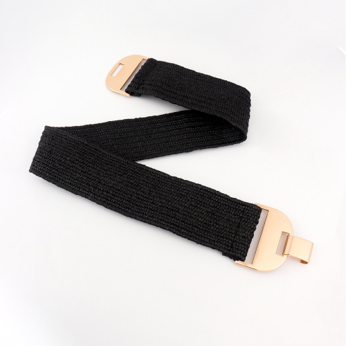 Summer new pp straw girdle women's elastic woven elastic belt personalized glossy geometric buckle head versatile accessories