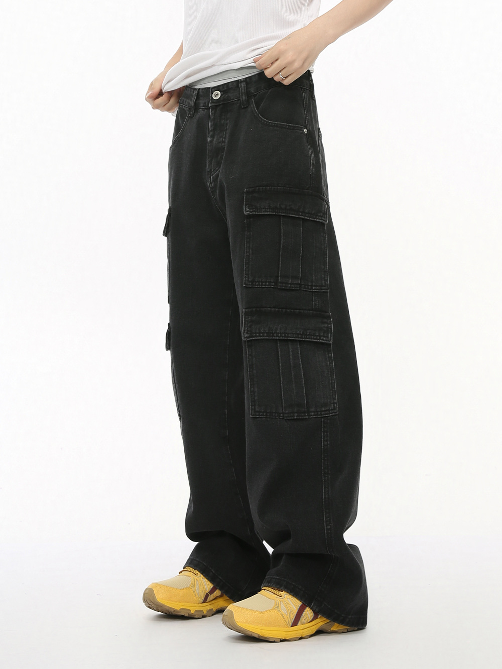 MTLCLOTHES Hombres| Coreana de la industria pesada suelta de la calle de moda recta multi-bolsillo decoración de piernas anchas jeans