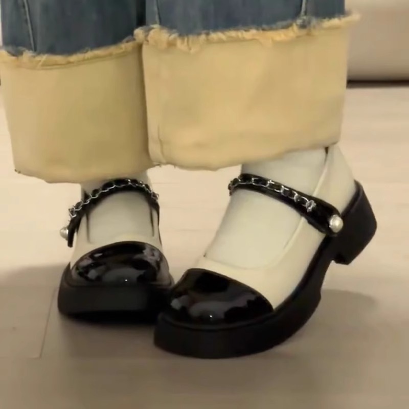 Schwarze Lederschuhe für Damen im Sommer, kleiner duftender Stil, Mary Jane-Sandalen mit dicker Sohle, runde Zehenpartie farblich abgestimmt_voghion.com