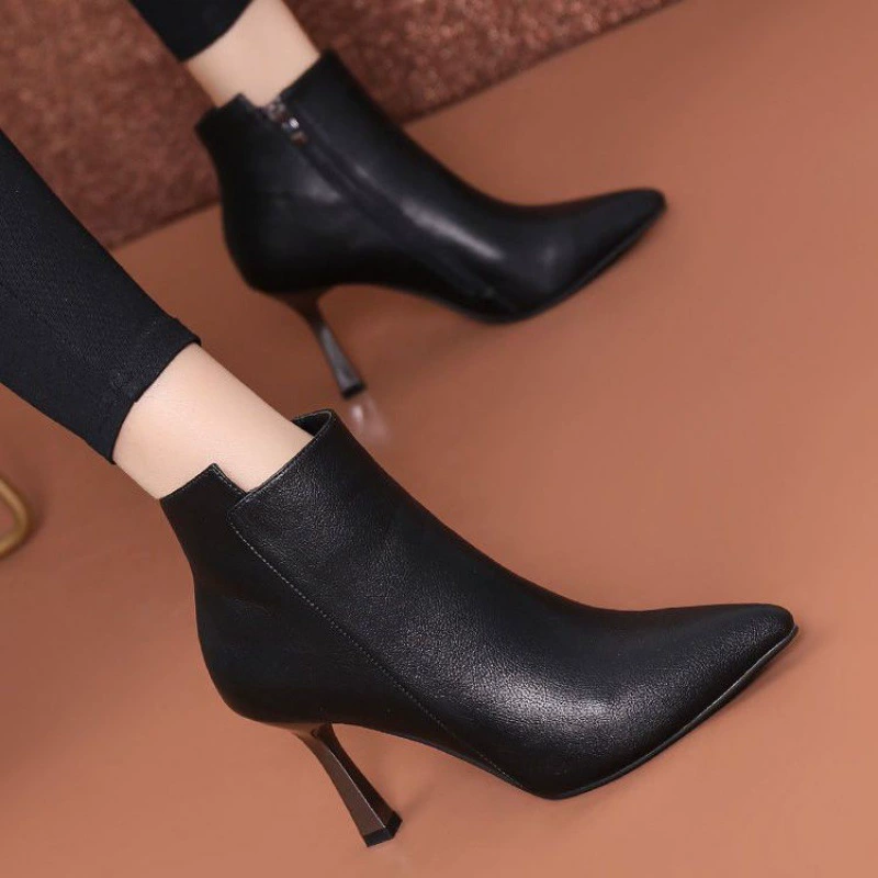 Сапоги на каблуках женские осенние и зимние 2024 новые дикие туфли на высоком каблуке женские хлопчатобумажные туфли женские бархатные женские обнаженные сапоги