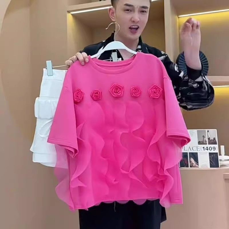 816 #   150kg Women's Three-Dimensional Floral Lace Patchwork Niche Design Fashionable Short Sleeve T-Shirt