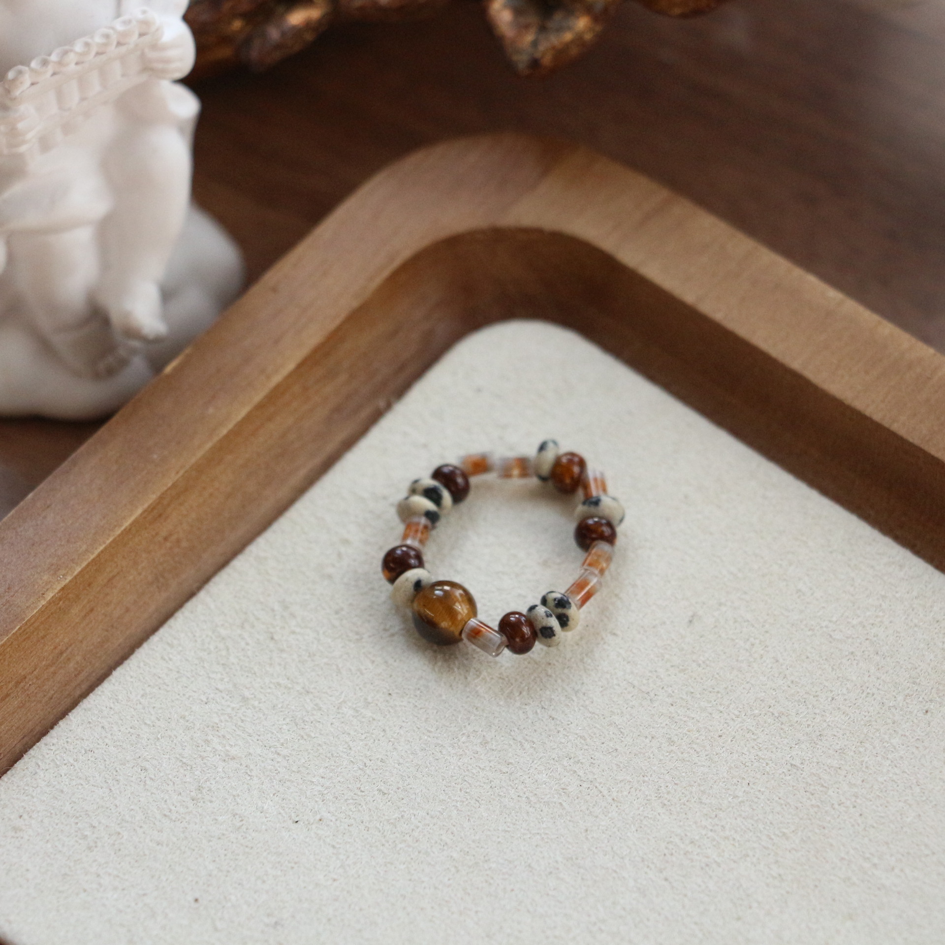 Silent Wind Decadent Style Agate Tiger Eye Wooden Bead Natural Stone Original Handmade Beaded Ring_voghion.com