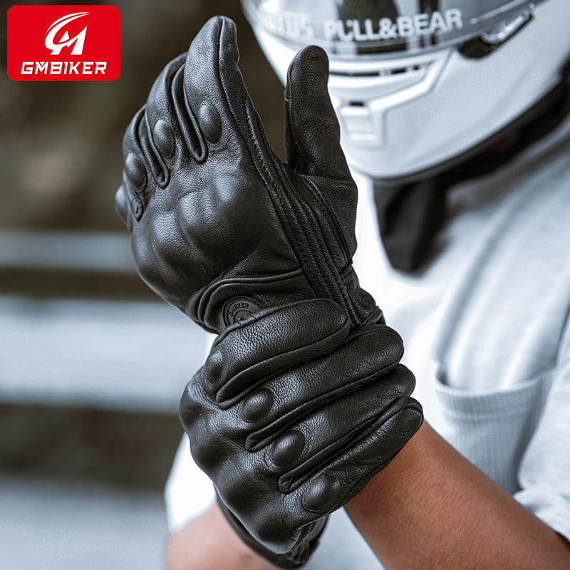 Motocicleta guantes de piel de oveja retro motociclista montar cuatro estaciones a prueba de viento, transpirable, a prueba de caídas, cálido otoño verano invierno