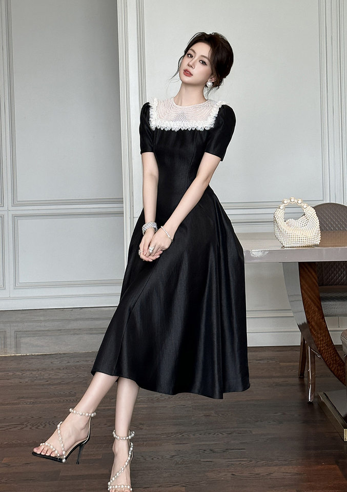 Váy maxi nữ thắt eo kiểu Hepburn thanh lịch, dáng xòe eo thon — Màu đen chi tiết 6