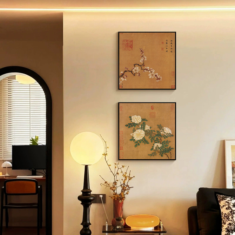 New Chinoiserie Flower and Bird Decorative Painting, Retro Zen Style, Antique Style Mural, Retro Entrance Hall, Living Room, Bedroom, Aisle, National Style Painting