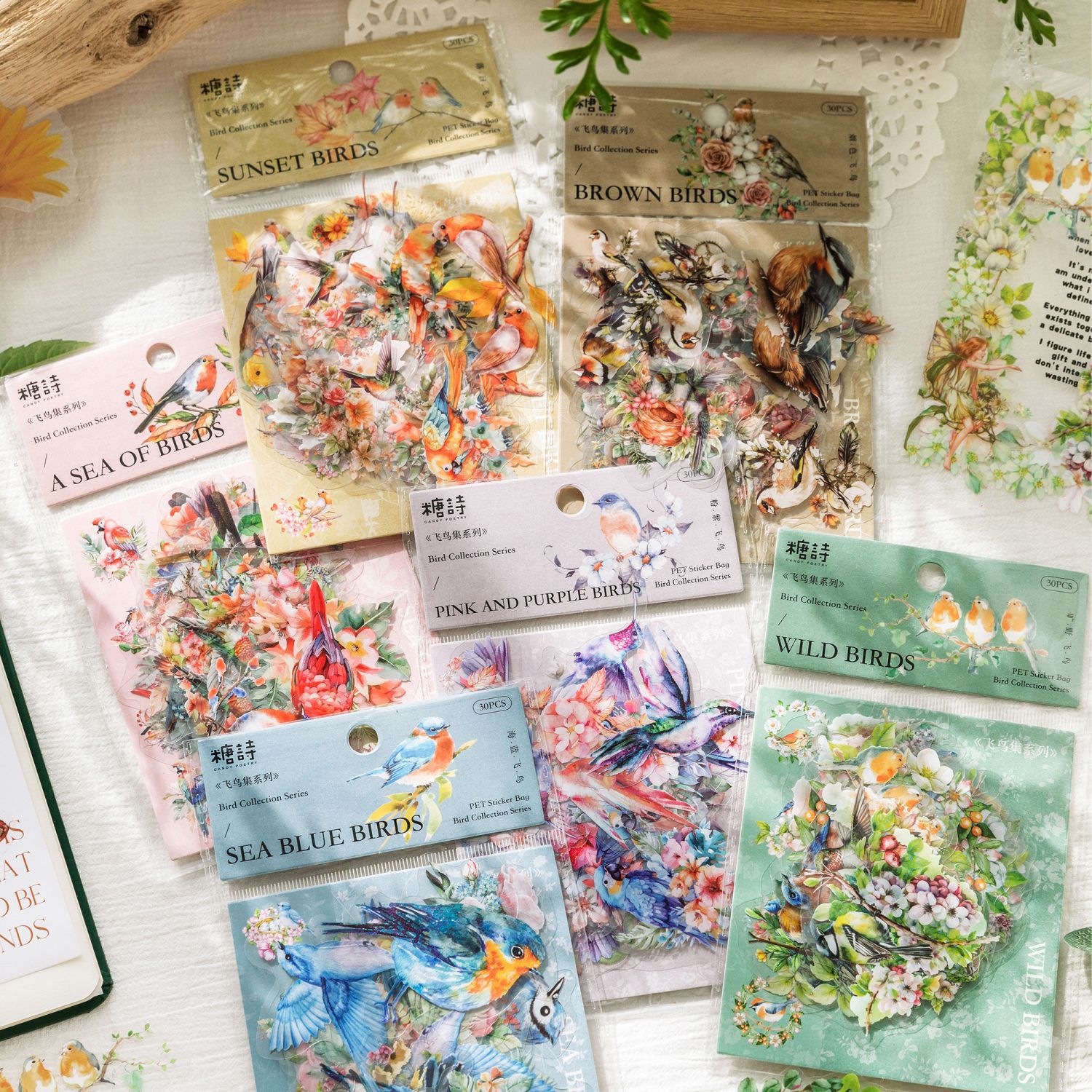Poesía de azúcar PET tinta blanca pegatinas paquetes de aves series ins pequeñas flores frescas pájaros materiales de decoración pegatinas