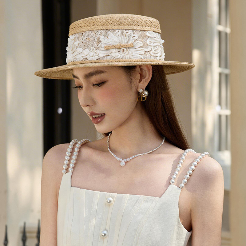 Mũ rơm phẳng đầu phong cách Pháp nữ tính, che nắng đi biển mùa hè — màu đen