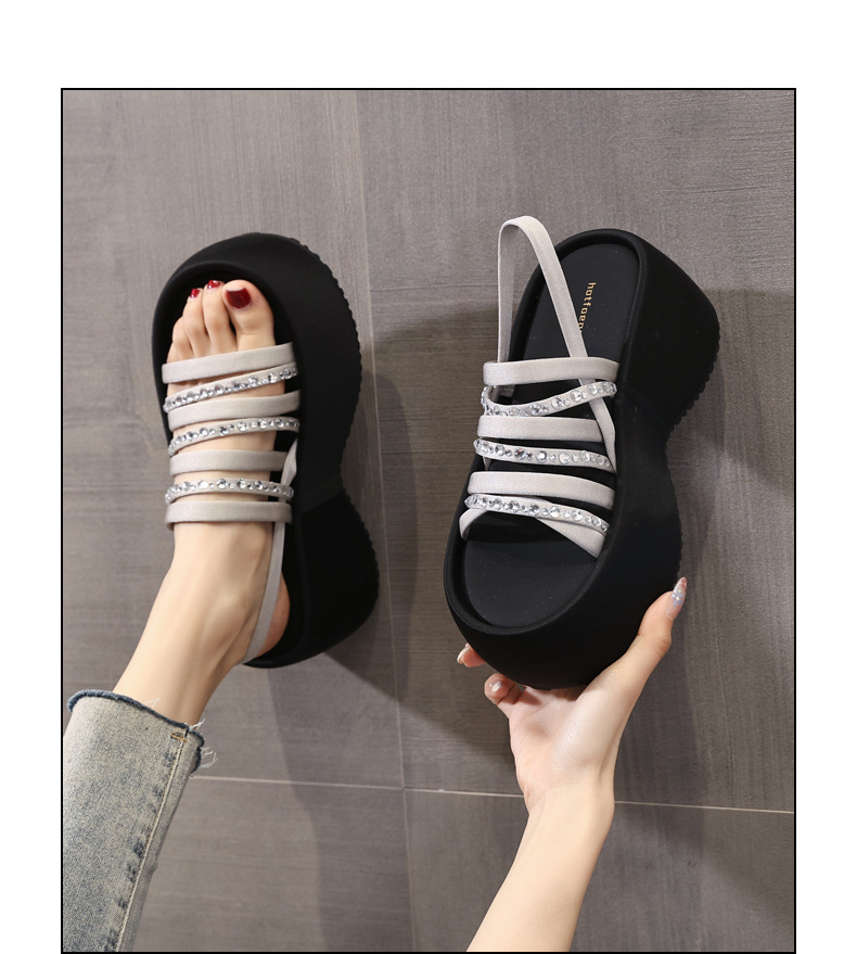 Sandal cao gót nữ hở mũi đính đá pha lê đế bánh xốp độn dày mùa hè 2025 — Màu đen, Màu bạc chi tiết 14
