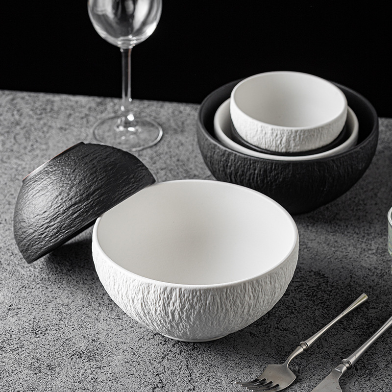 Ins-Style Minimalist Black and White Stone-Patterned Ceramic Bowl, Rustic Ceramic Ramen Bowl, Salad Bowl, Household Rice Bowl, Soup Bowl, Cross-Border Wholesale