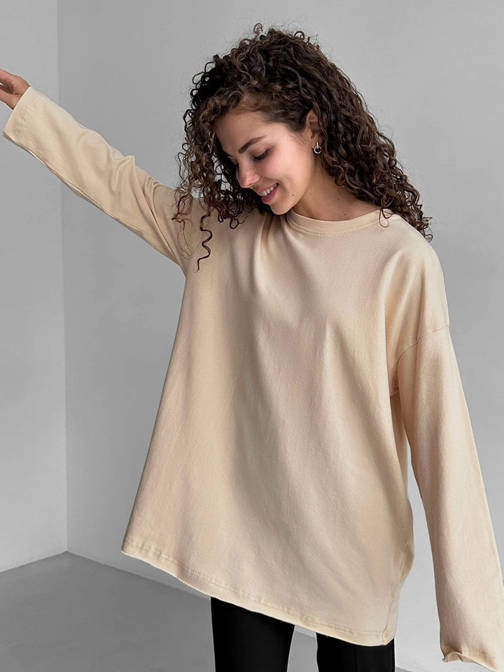 Áo thun nữ cotton 100% cổ tròn tay dài form rộng màu trơn — Màu cà phê, Màu hồng, Màu mơ, Màu trắng chi tiết 25