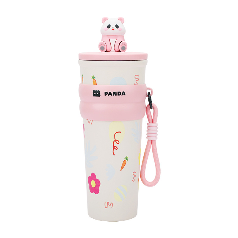 Vaso de agua creativo con pajita, vaso aislado, alto valor estético, gran capacidad, vaso de viaje con diseño de panda, acero inoxidable 304, diseño de dibujos animados portátil.