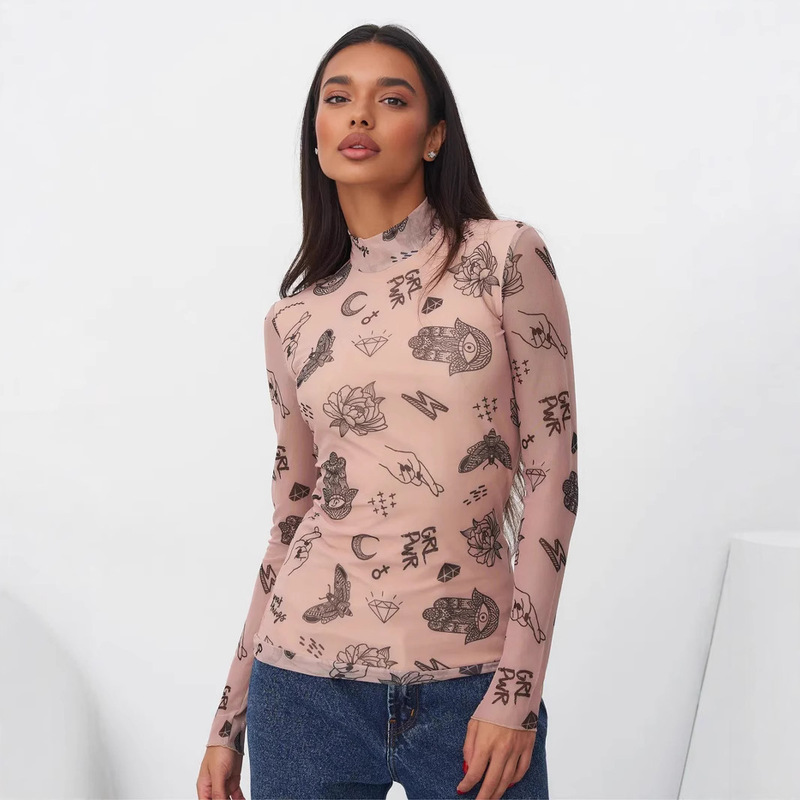 European and American 2025 Autumn New Women's Pullover High-Neck Long-Sleeve Top Casual Style Slim-Fit Printed Mesh Base Shirt