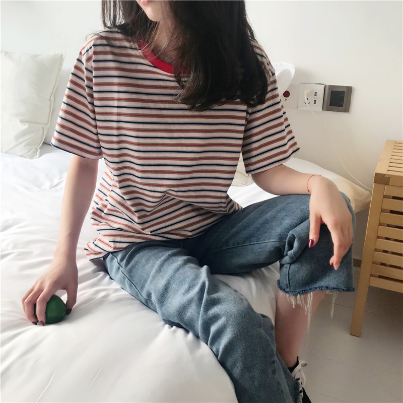 T-shirt estiva a maniche corte a righe da donna, nuova camicia base in versione coreana, top, abbigliamento da donna oversize_voghion.com