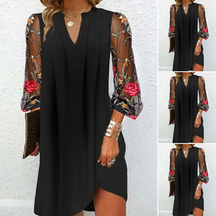2024 New Summer Style Amazon Cross-Border European and American V Neck Long-Sleeved See-Through Floral Pleated Dress for Women