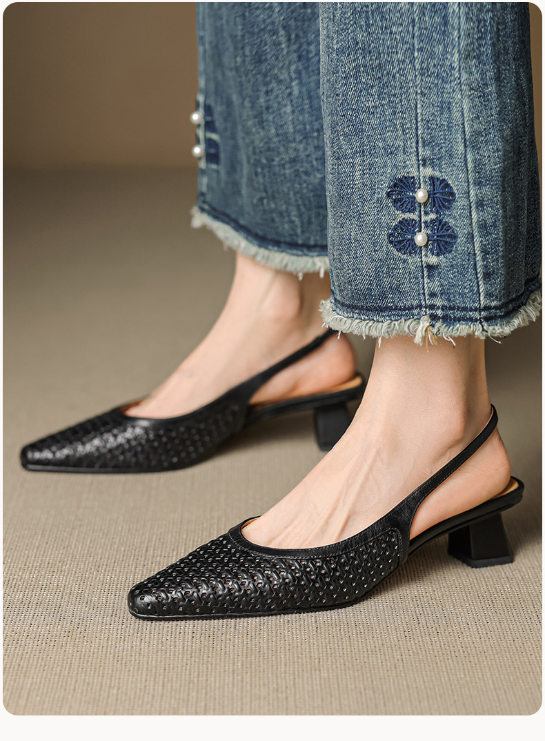 Sandal nữ da bò dệt mũi kín gót thô cao 6 cm phong cách công sở — đen chi tiết 20
