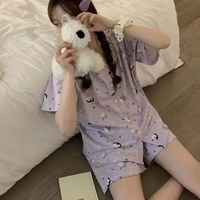 Pijamas de pingüino morado transfronterizo, pantalones cortos de verano de manga corta para mujer, cárdigan de cuello redondo, los estudiantes pueden usar trajes de ropa para el hogar