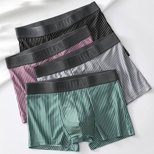 Milk Silk Men's Underpants, Breathable Striped Youth Four-Point Men's Sports Pants, Trendy Flat-Square Underwear