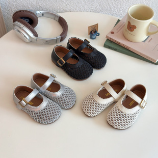Girls' Woven Leather Shoes Baby Cut Out Breathable Flats 2025 Summer Little Girl Soft Sole Velcro Princess Shoes