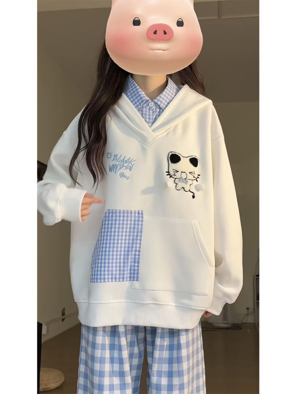 美式假两件卫衣女连帽春秋2025新款爆款设计感小众宽松减龄上衣|undefined
