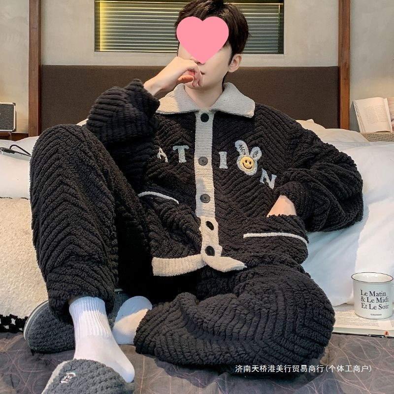 Pajamas for Men Winter Men's Coral Velvet Thickeneded Velvet Flannel Winter Cardigan Casual Home Wear Autumn and Winter Style