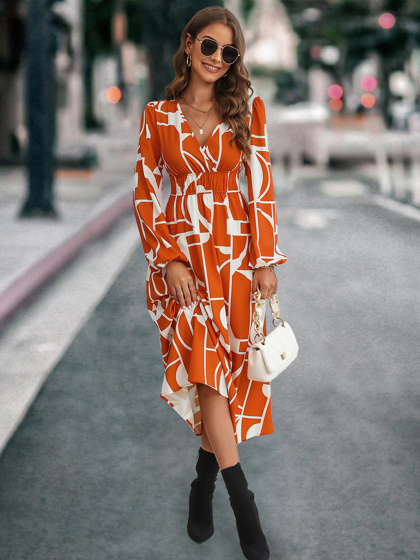 Robe imprimée à manches longues et col en V pour femmes, la plus vendue_voghion.com