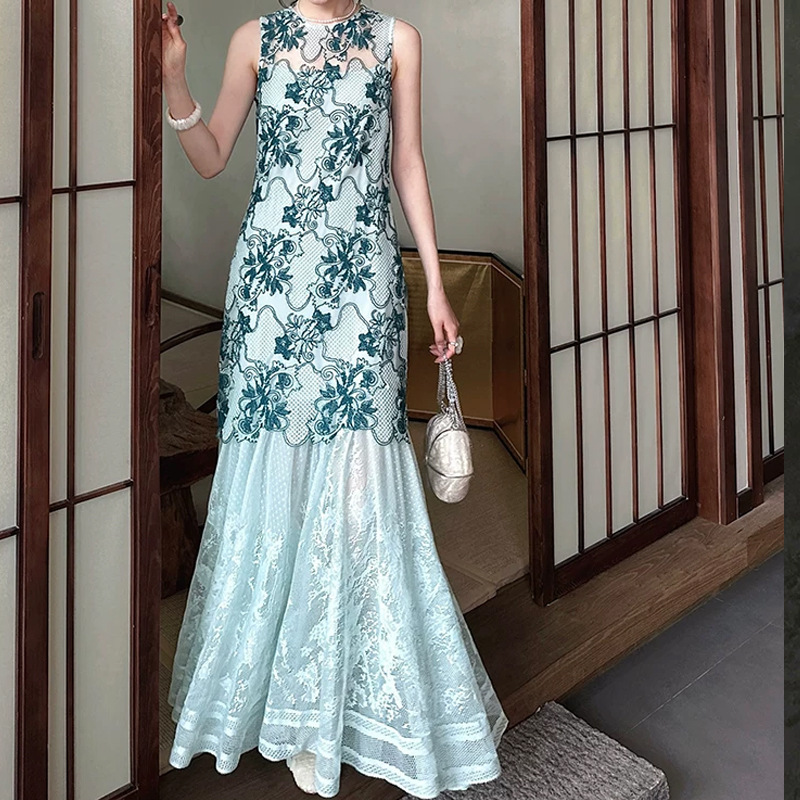 【Zhujianqi】New Chinese-Style Sequin Rope Embroidery Lace Dress for Women, Summer National Style Vest Long Dress 2026 Summer 【Zhujianqi】New Chinese-Style Sequin Rope Embroidery Lace Dress for Women, Summer National Style Vest Long Dress 2026 Summer