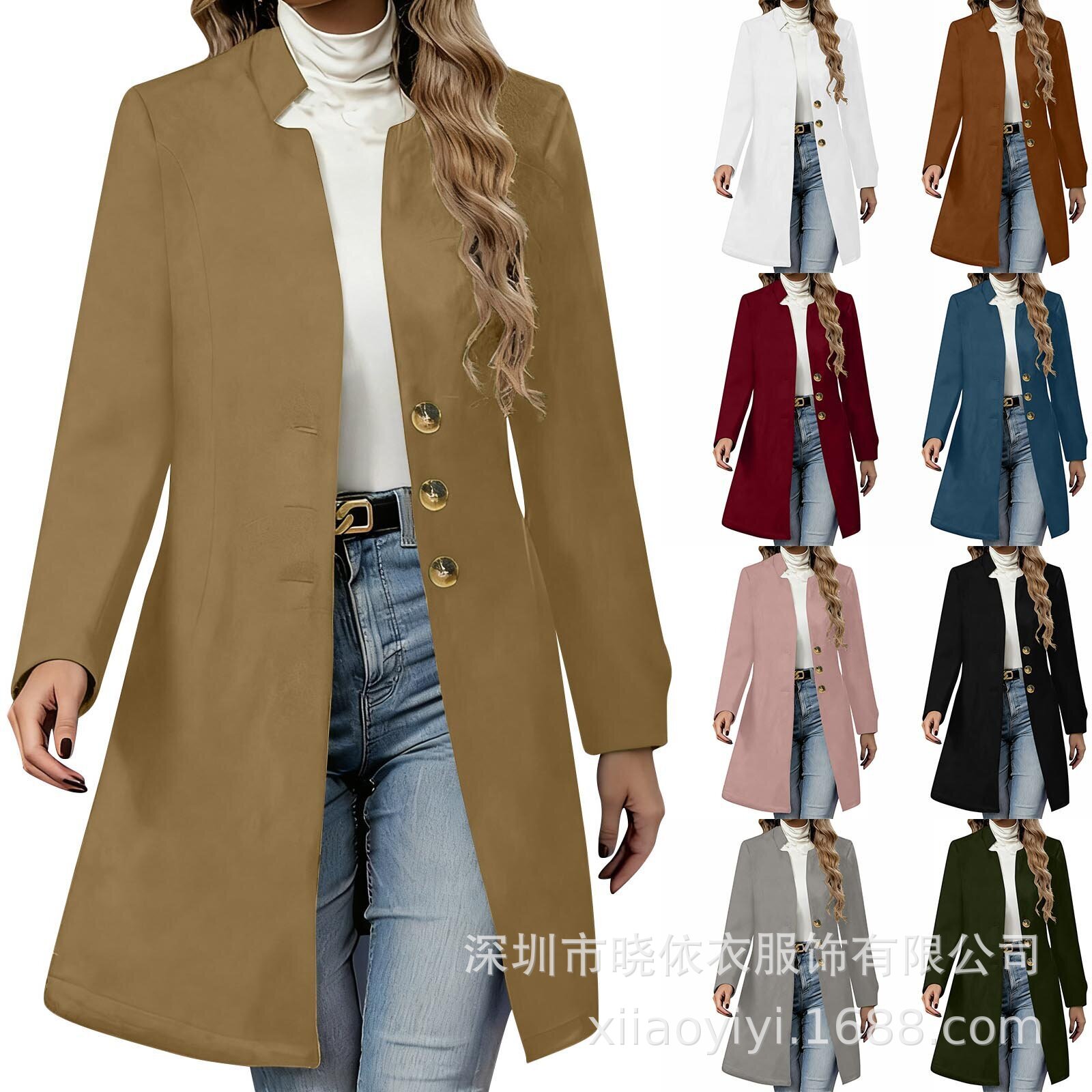Amazon Cross-Border European and American Popular Women's Clothing New Long Autumn and Winter Slim Solid Color Women's Woolen Coat Jacket