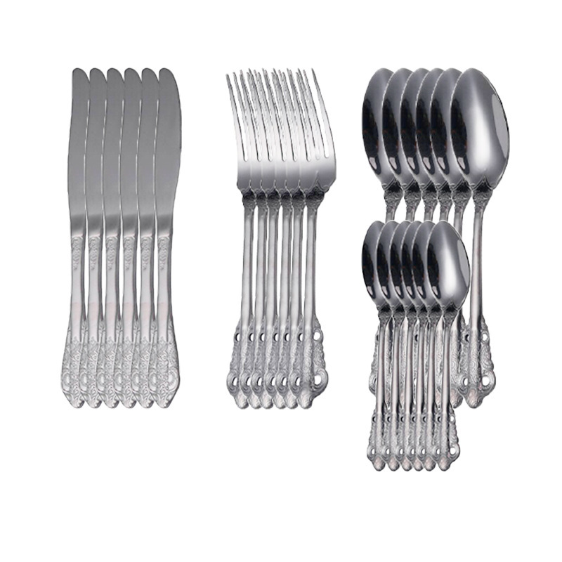 Cross-Border Stainless Steel Knife, Fork, and Spoon Set with Embossed Titanium Gold Palace-Style Tableware for Hotel and Restaurant Western Cuisine, Steak Knife and Fork
