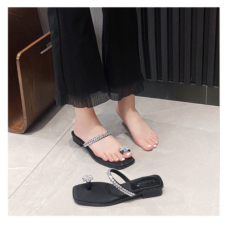 Dép sandal nữ mũi vuông đính đá, quai ngang bít mũi, đế bằng, đi ngoài trời mùa hè — Màu đen chi tiết 20