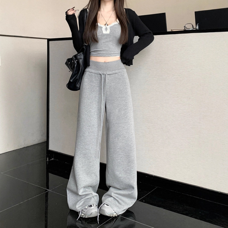 慵懒风灰色休闲裤早秋卫裤女高腰直筒裤阔腿裤长裤垂感拖地裤女|undefined