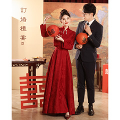 新しい中国風のチャイナドレス乾杯ドレス花嫁 2025 新しい赤い婚約スーツ長袖ガウンドレス