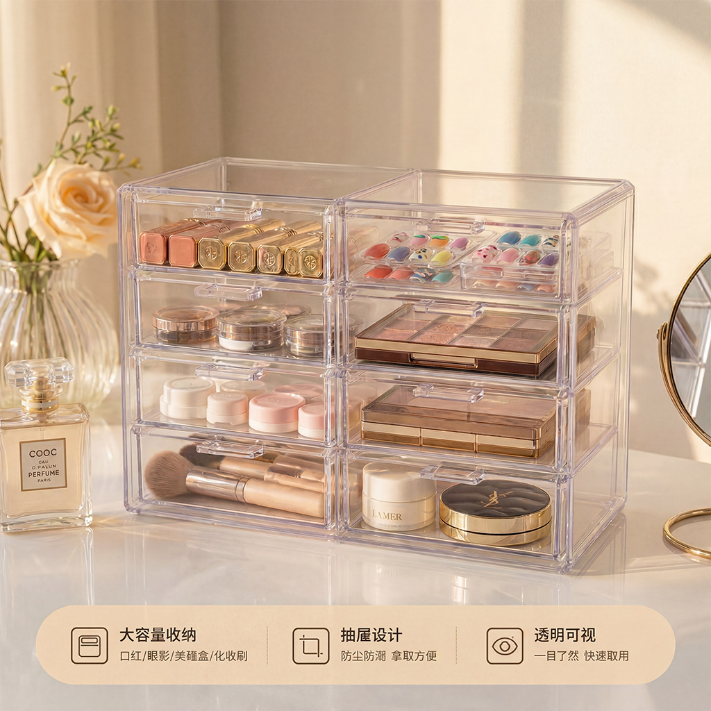 Transparent Cosmetic Storage Box with Drawer-Style Dust-Proof Compartments for Lipstick, Eyeshadow, Powder, Nail Polish, Contact Lenses, Makeup Brushes, and Sample Organizer