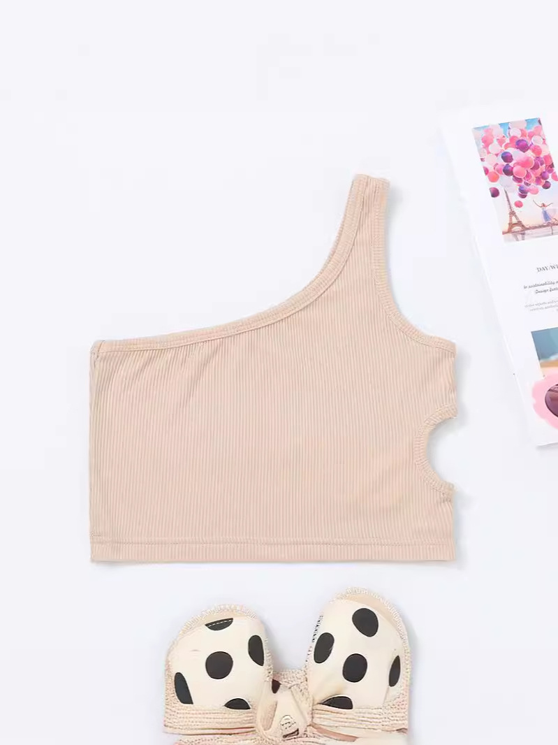 Nuevo chaleco de verano para niños hombro único cintura abierta en el mismo lado chaleco de cintura de chicas fabricantes de tendencia europea y americana cabello recto