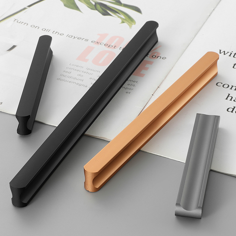 Handlebar-style gold drawer pull for modern minimalist cabinet doors, American-style black cabinet handle with a long bar design