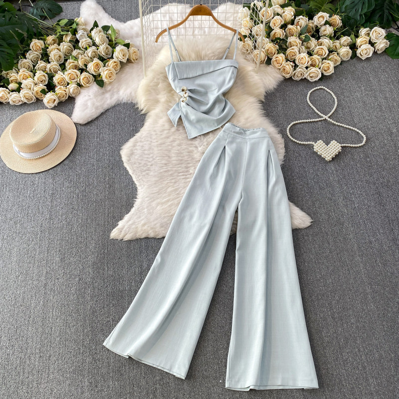 Fashionable and Unique Pleated Waist-Cinching Slim-Fit Camisole Top + Ice Silk Loose-Fitting Slimming Wide-Leg Pants Two-Piece Set