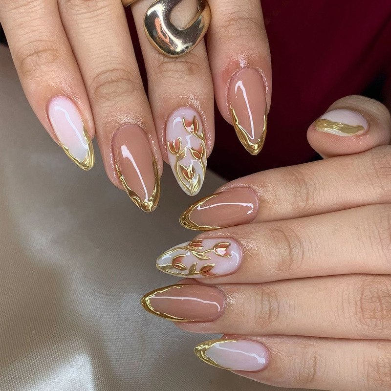 3D Stereo Short Almond Nail Stickers 24 Pieces Gilt Wearable Nails High-End Embossed Nail Art