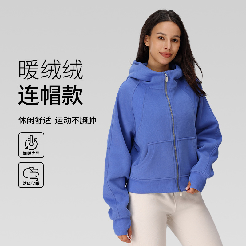 Autumn and Winter Loose-Fitting Stand-Up Collar Windproof Fleece-Lined Thickened Short Zipper Hooded Sports Sweatshirt Jacket for Women, Exclusively for Cross-Border Sales