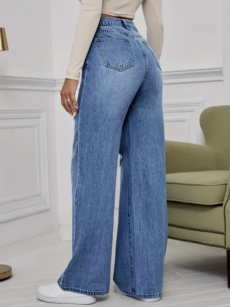 Wide Leg Straight Leg High Waist Floor Pants With Ripped Jeans_ecoleips.com