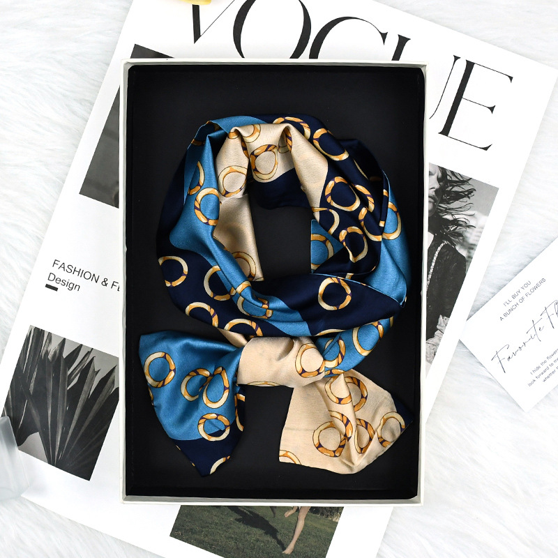 Pañuelo de seda de satén de moda de tira larga y estrecha, sentido de alta gama, bufanda larga de viaje diario, bufanda de mujer atmosférica al por mayor