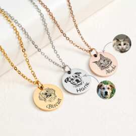 跨境宠物素描刻图项链 人物相片小猫小狗宠物图片diy刻字刻图项饰