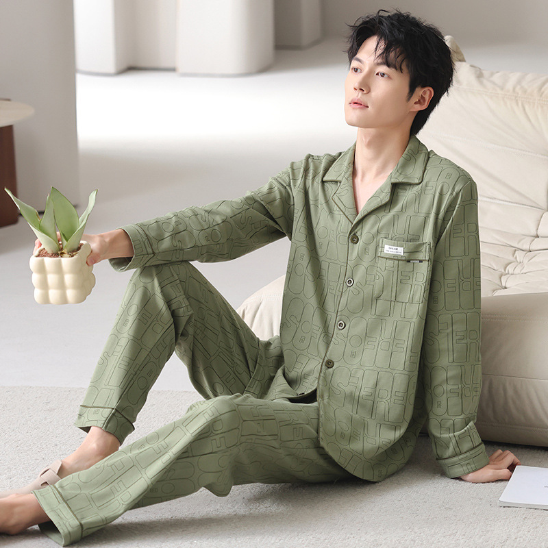 Pijama primavera y otoño cardigán de hombre 2025 nuevo algodón de manga larga se puede usar fuera de la versión suelta del conjunto de ropa para el hogar