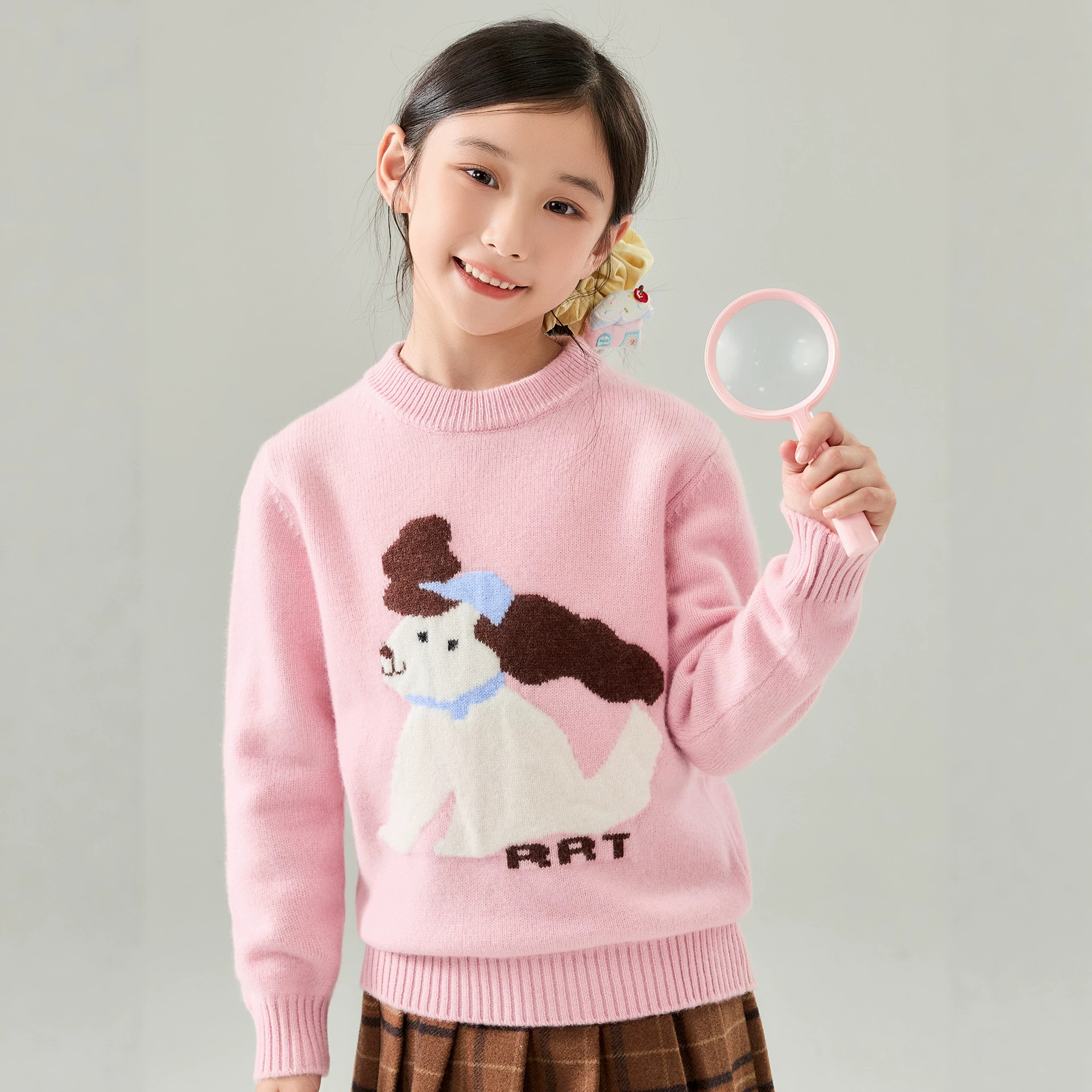 Girls' Cartoon Puppy Wool Sweater, Autumn and Winter Children's Round Neck Pullover Sweater, Soft and Skin-Friendly Knitted Top for Medium and Large Children