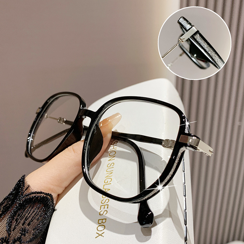 Gafas fotocromáticas con brillo de cielo estrellado, elegante montura cuadrada grande, gafas anti luz azul para mujer, gafas graduadas de alta gama con brillo.