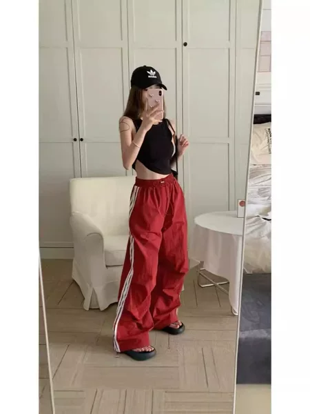 Striped three-bar stitching tug cool casual retro casual overalls autumn high waist sports wide leg pants pants cross-border