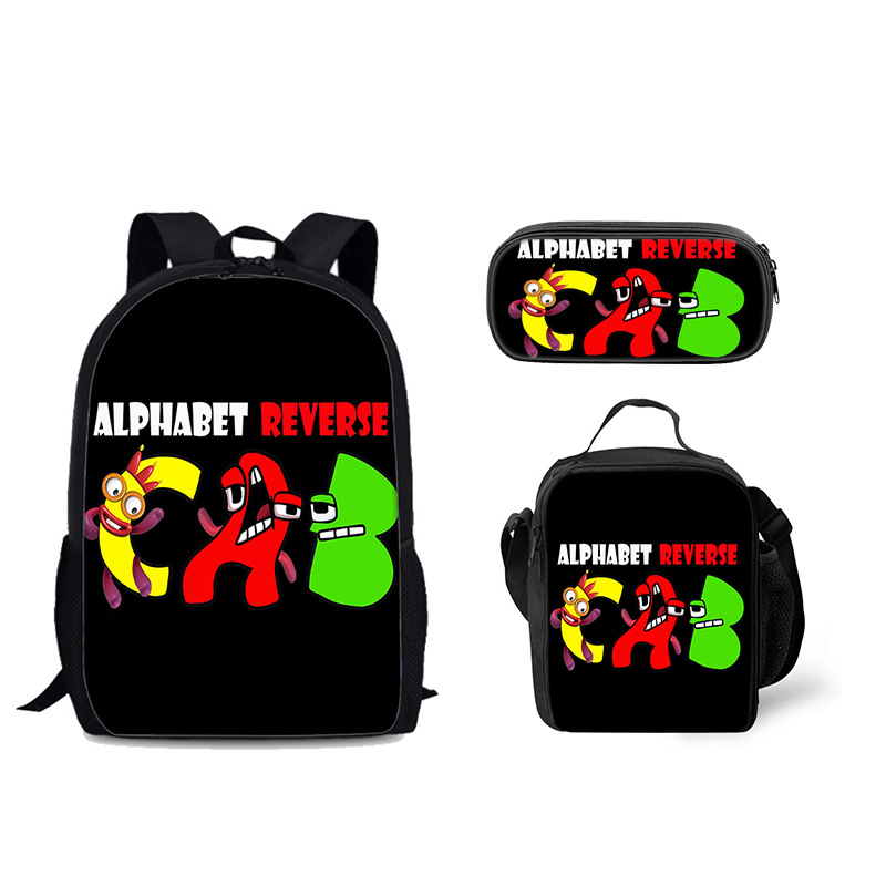 Venta al por mayor Alphabet Lore mochila escolar bolsa de hielo letra leyenda estudiante mochila bolsa de comida bolsa de tres piezas